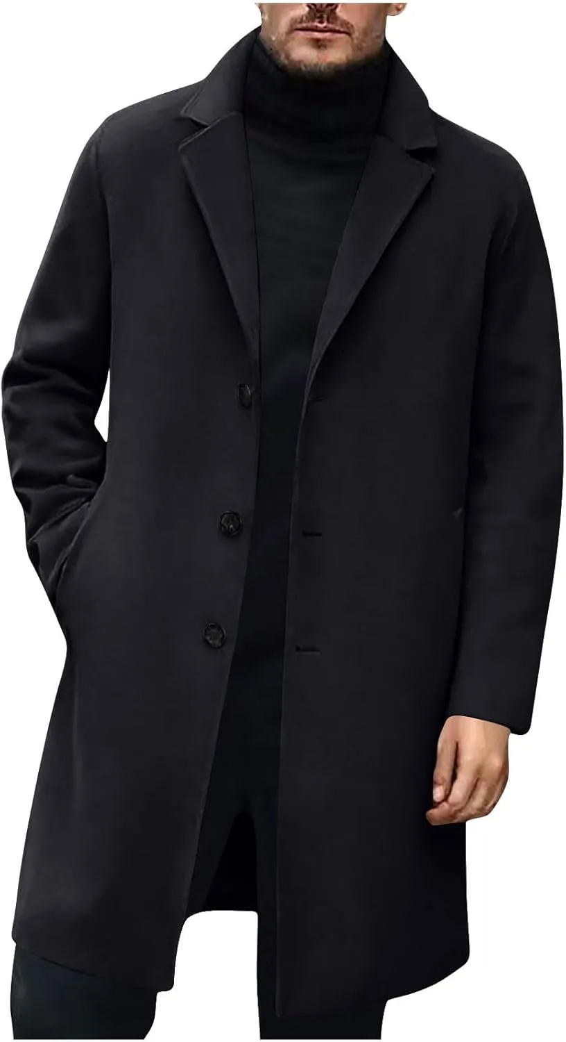 Мужское пальто с отложным воротником, длинное пальто в стиле pea coat, элегантное винтажное зимнее теплое пальто с однобортной застежкой generic, черный