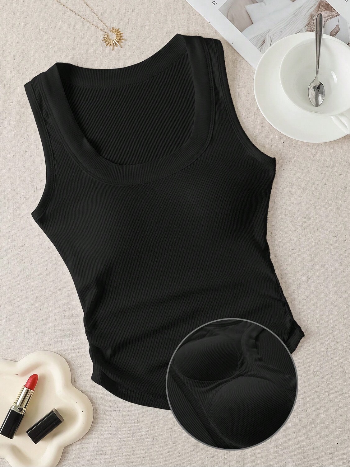 

SHEIN EZwear Женская повседневная однотонная летняя майка с мягкой подкладкой, черный цвет