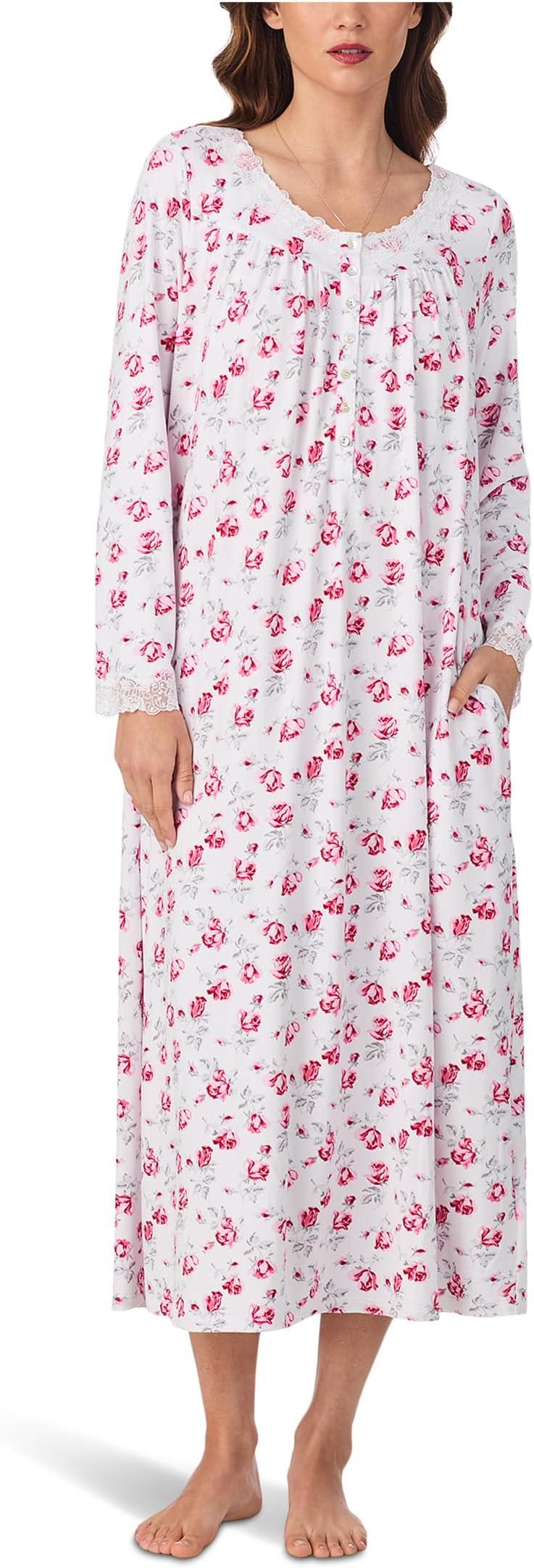 

Женская трикотажная балетная ночная рубашка с длинным рукавом, 50 дюймов Eileen West, White Ground Rose
