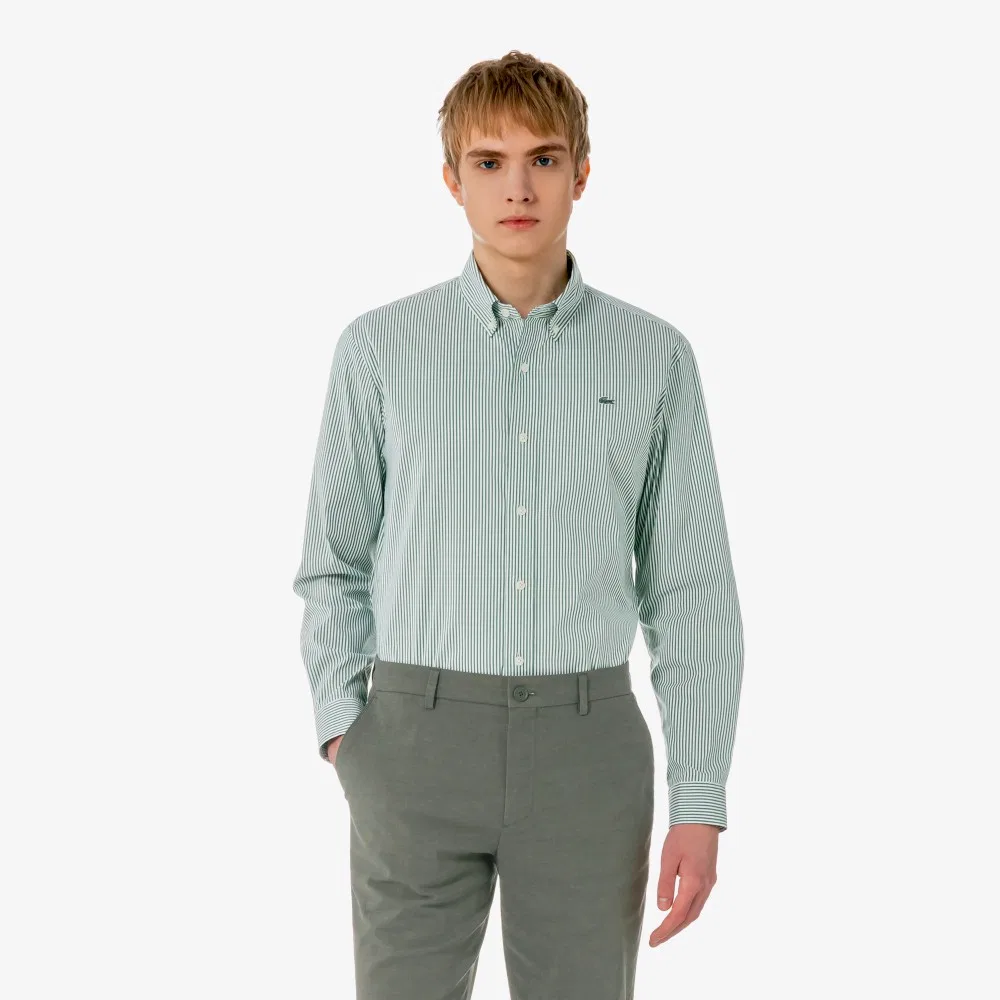 Мужская рубашка в полоску из поплина и джерси тёмно-зелёная от Lacoste — фото 4