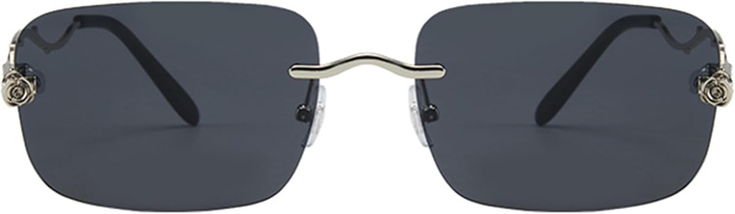 

bullabulling Ретро солнцезащитные очки 90-х годов, прямоугольные, без оправы, для мужчин и женщин, модные, с дужками в виде розы, без оправы, с тонированными линзами, Silvery Black