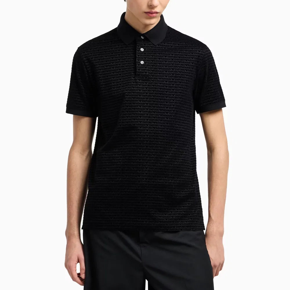 Лого флокированная футболка-поло с коротким рукавом EMPORIO ARMANI, Black — фото 3
