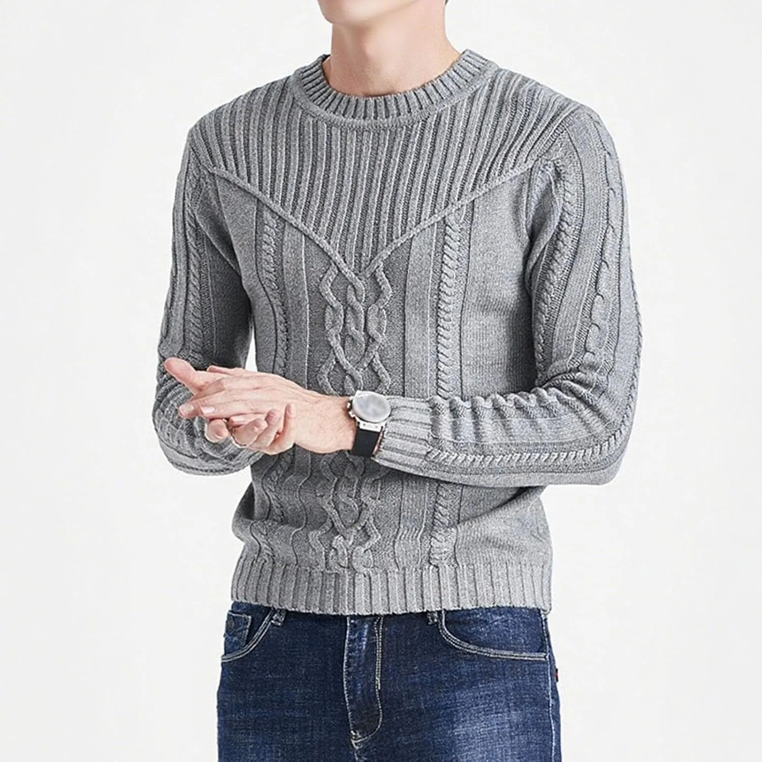 Пуловер с длинными рукавами для мужчин, классическая вязка, slim fit — фото 4