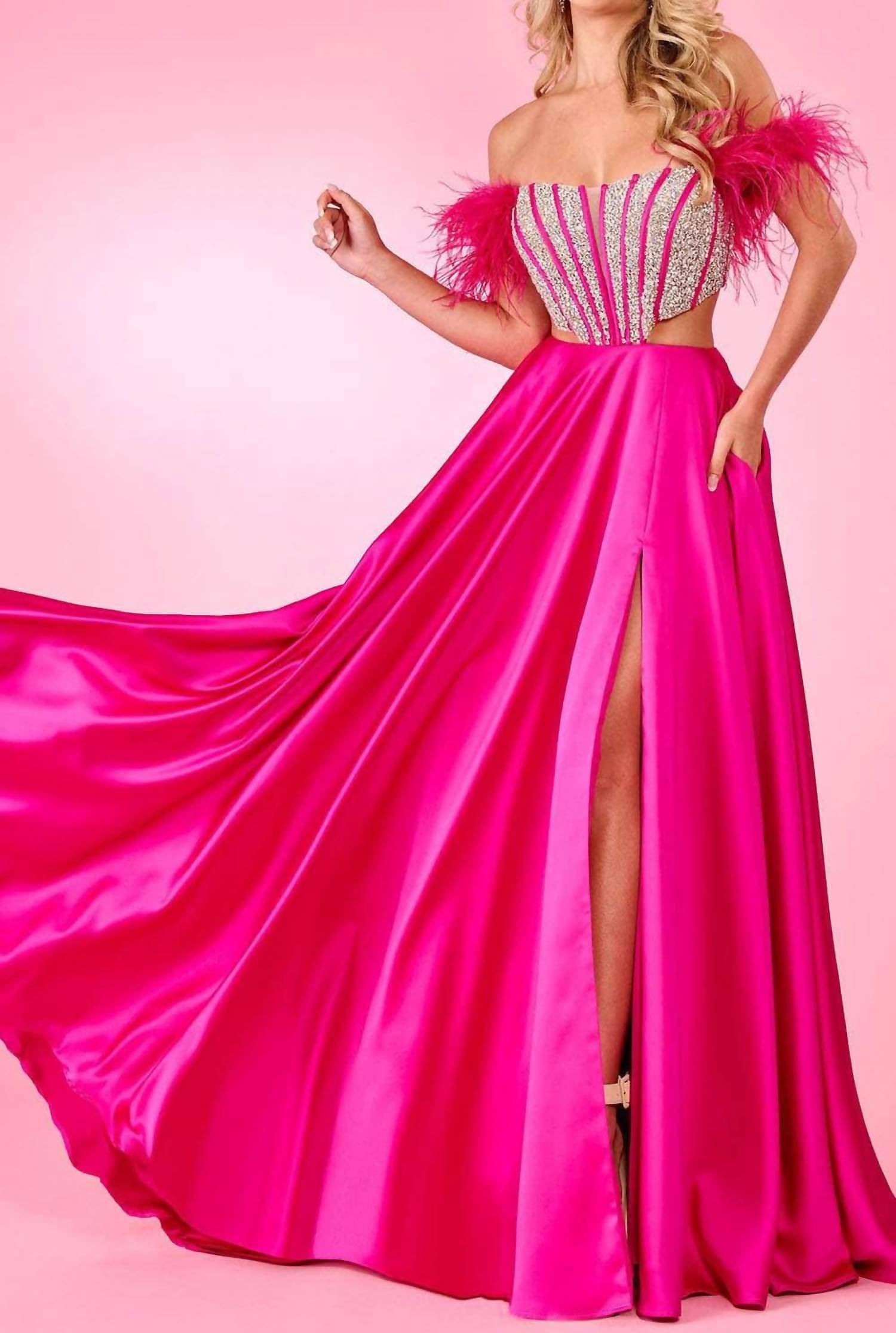 

Выпускное платье с декоративным корсетом и вырезом цвета фуксии Rachel Allan, Fuchsia Pink