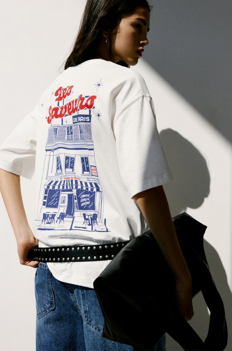 

Футболка с графическим принтом Cafeteria Pull And Bear, белый