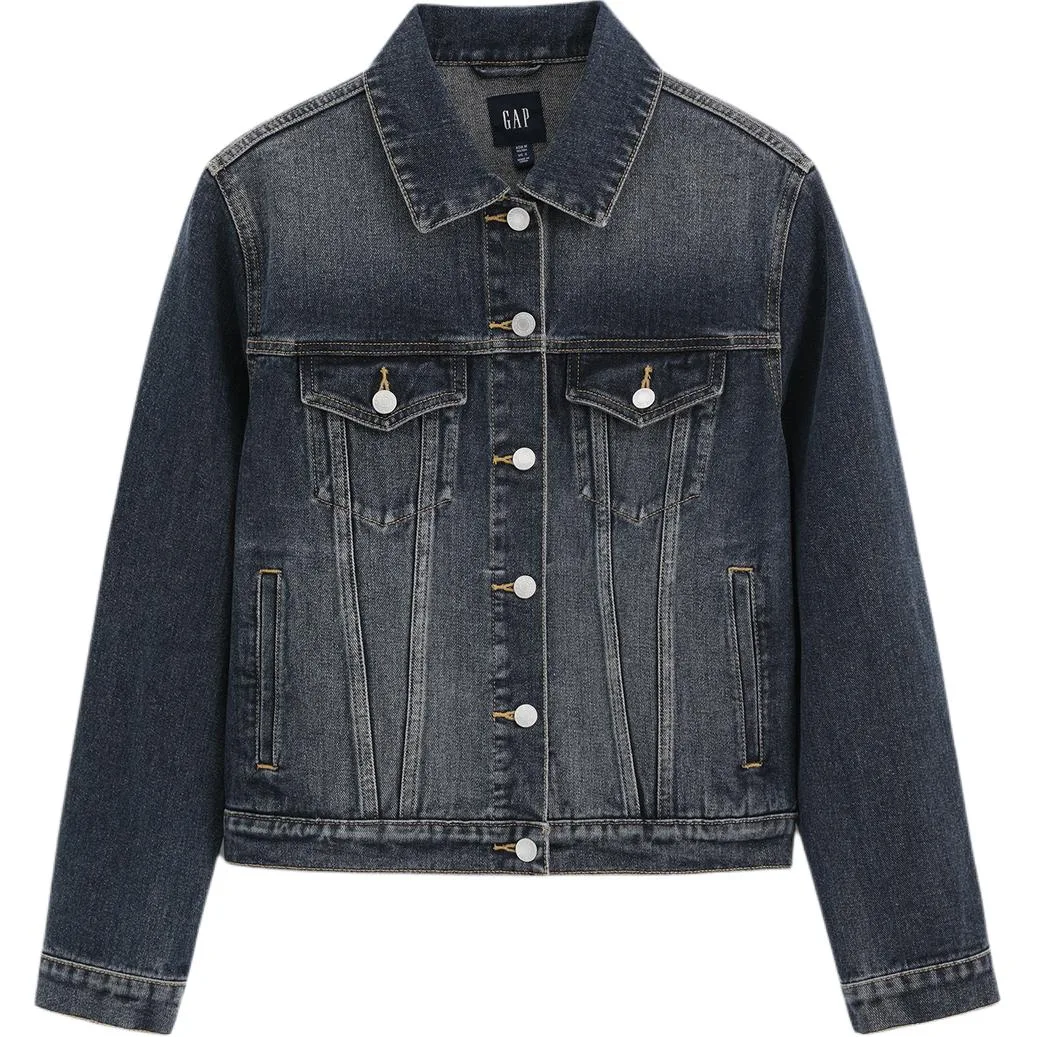 Джинсовая куртка женская темная потертая с лацканами GAP, Dark Color Washed