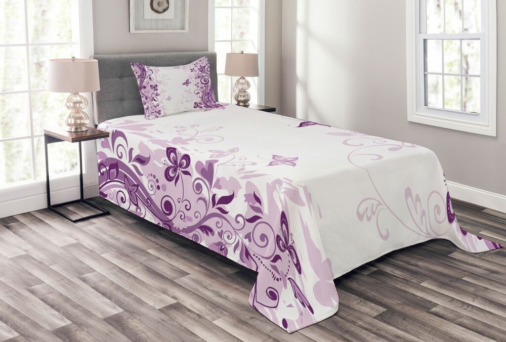 

ABAKUHAUS Фиолетовый комплект покрывала, Swirling Flowers Wild, комплект с моющимися наволочками, для односпальных кроватей 170 x 220 см, фиолетовый