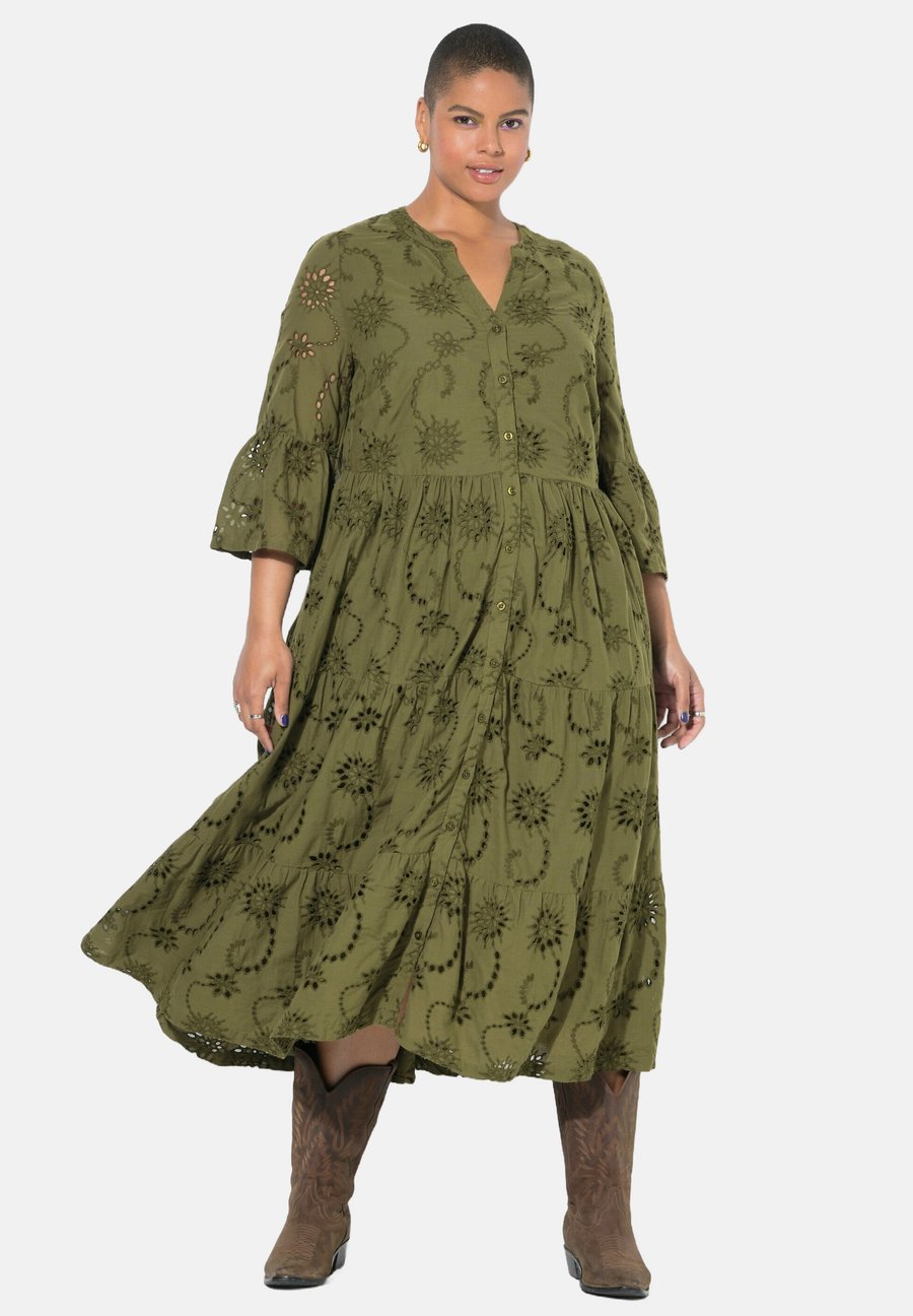 

Платье Studio Untold LOCHSTICKEREI VOLANTS 3/4-ÄRMEL, Dark Olive/Mottled Anthracite