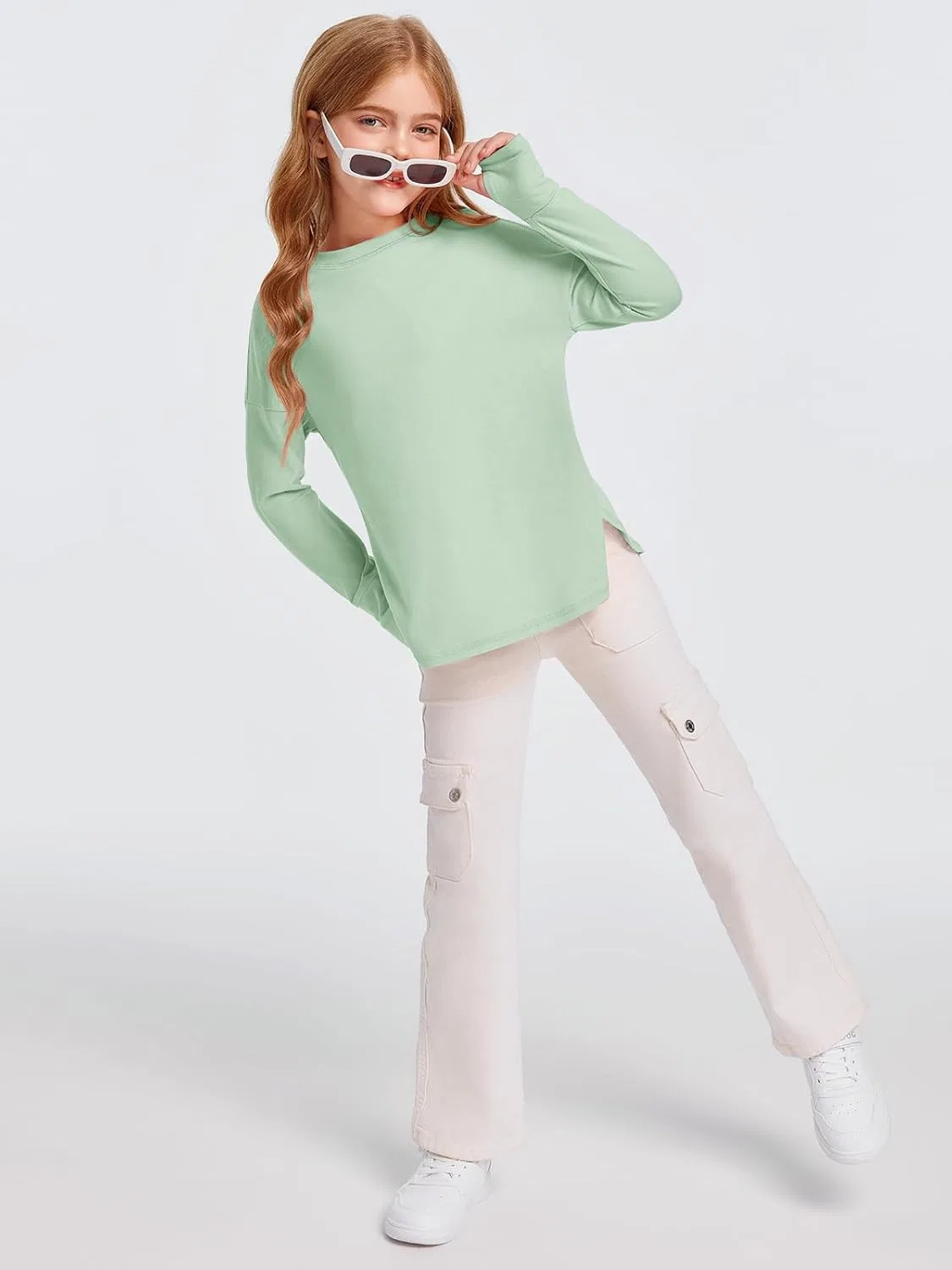 Футболка детская активная с отверстиями для больших пальцев Haloumoning, Light Green — фото 4