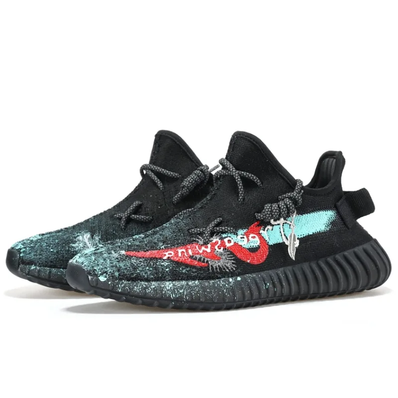 Adidas Originals Yeezy Boost 350 V2 Feather Check Valves, ручная роспись, низкие кроссовки унисекс черные — фото 4