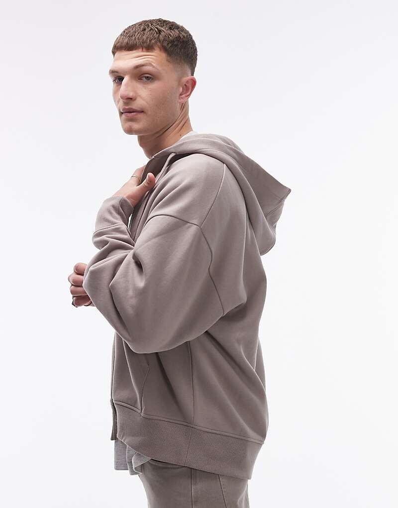 

Свободное худи на молнии серого и бежевого цветов Topman