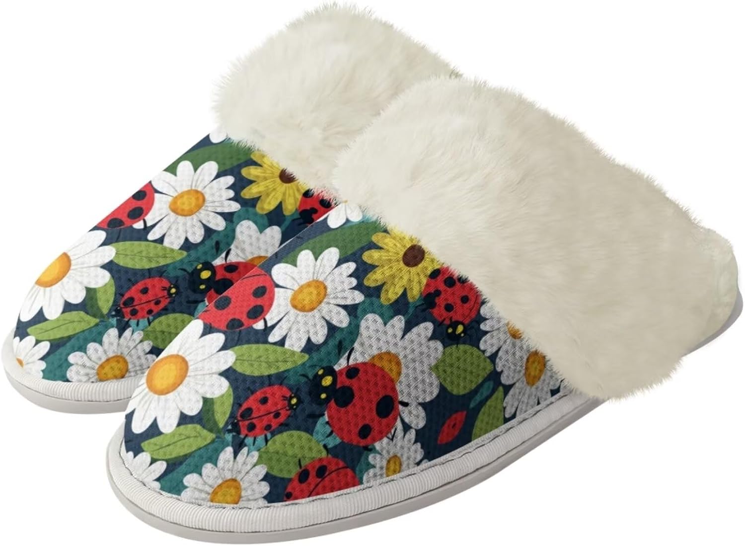 

Мужские тапочки Forchrinse Red Ladybug Daisy с эффектом памяти, пушистые домашние тапочки для женщин, тапочки «Божья коровка», легкая домашняя обувь для спальни, Tropical Ladybug Flower