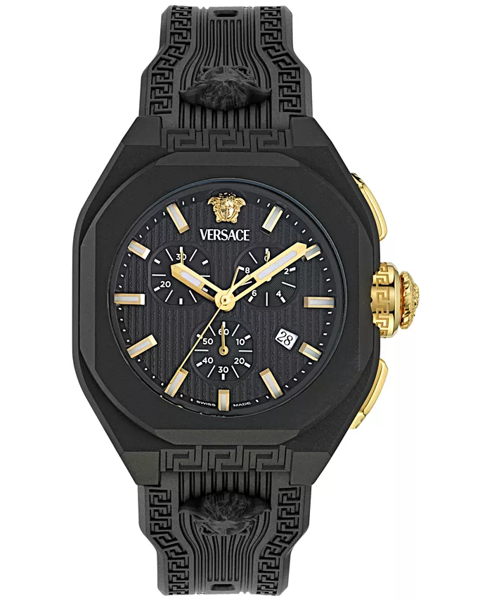 

Мужские часы Swiss Chronograph с черным силиконовым ремешком, 44 мм Versace