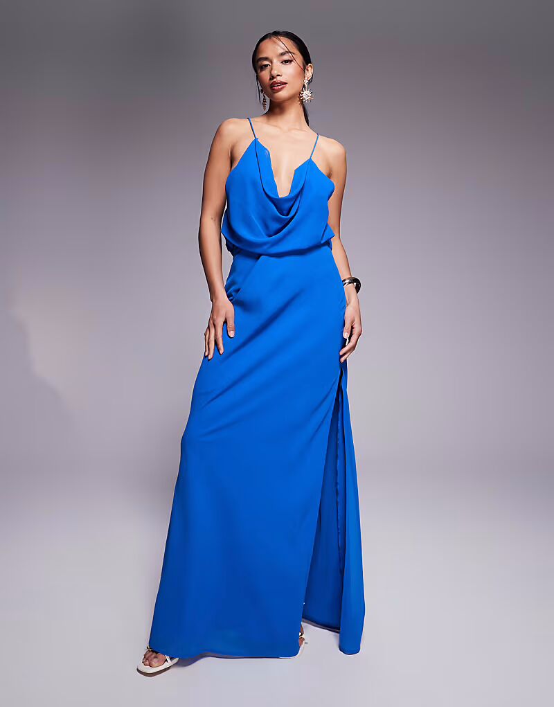 

Платье макси ASOS DESIGN Petite с воротником-хомутом спереди и спинкой-борцовкой синего цвета ASOS Petite