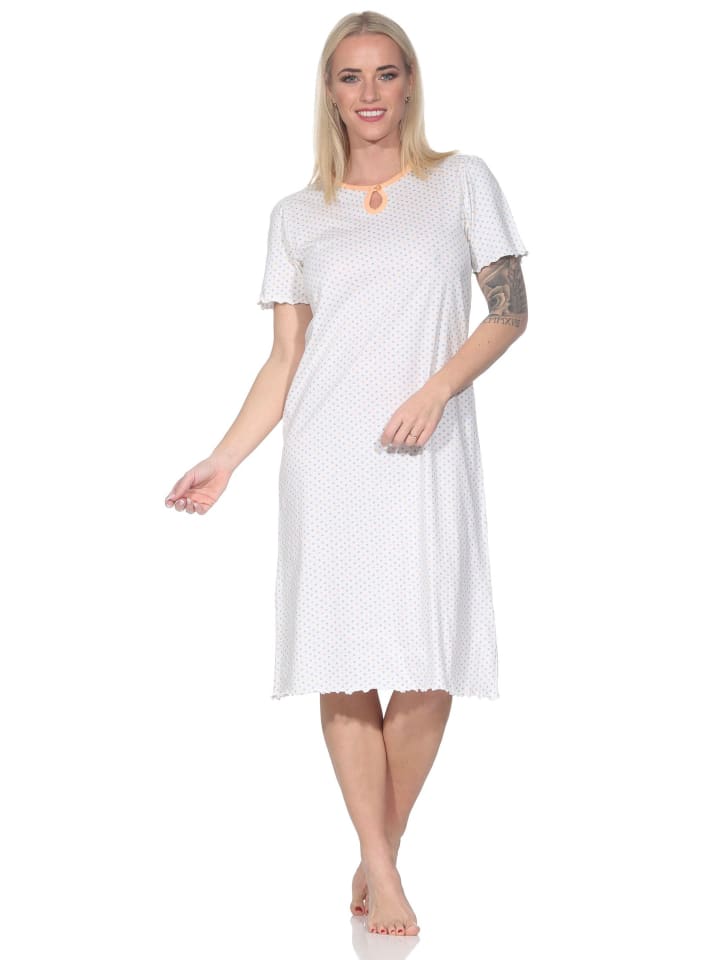 

Ночная рубашка с короткими рукавами и принтом в горошек, размеры 125, 211 и 315, абрикосового цвета. NORMANN