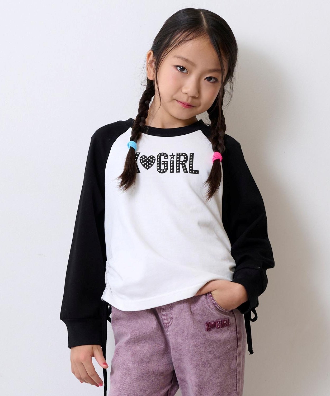 Футболка с длинным рукавом реглан, украшенная стразами и логотипом X-girl Stages, Black