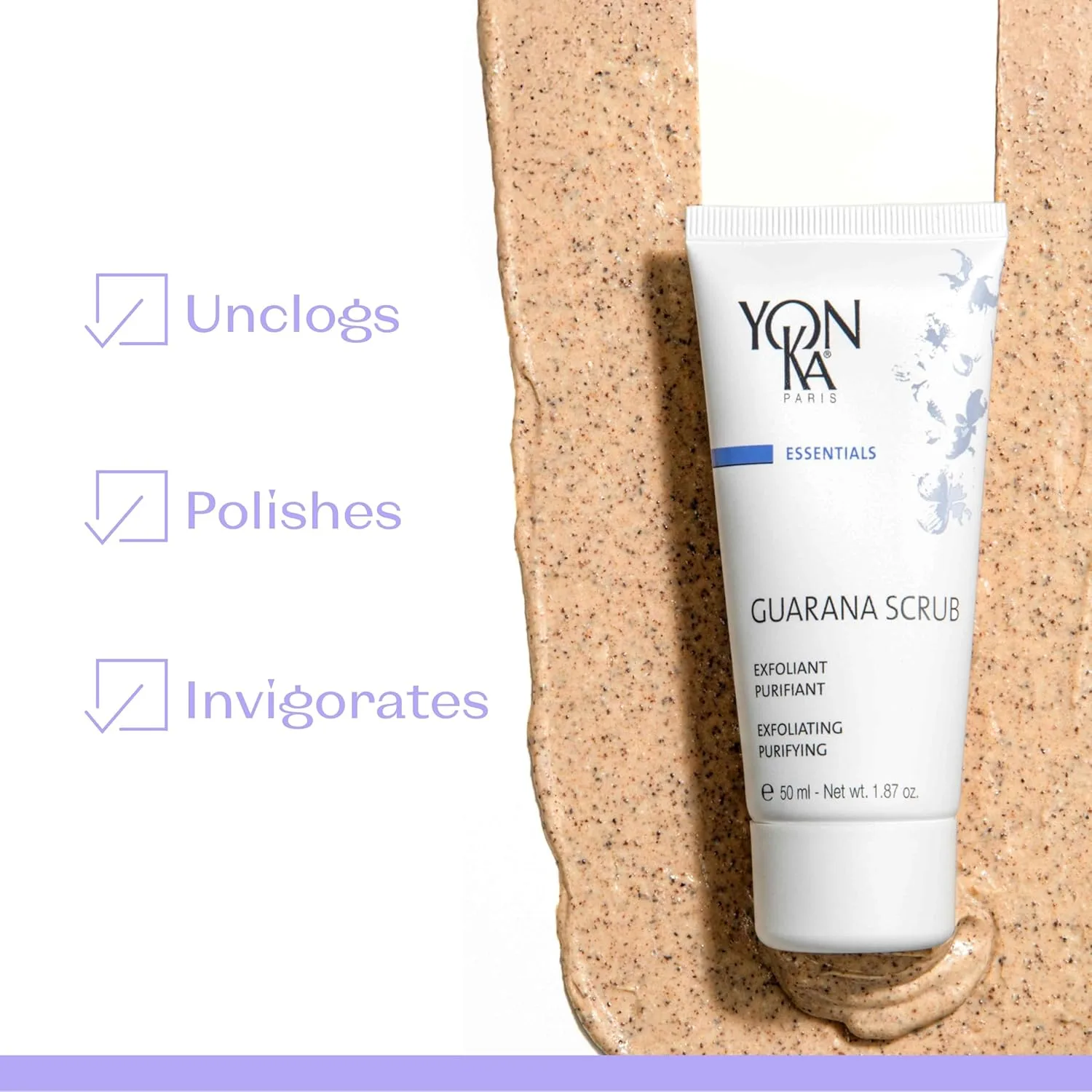 Yon-Ka Guarana Scrub, нежный отшелушивающий очищающий гель для лица с рисовыми отрубями и семенами гуараны, сужает поры, детоксифицирует и освежает кожу, для чувствительной и склонной к акне кожи, 55 мл 50 мл (1 шт.) Yonka — фото 2