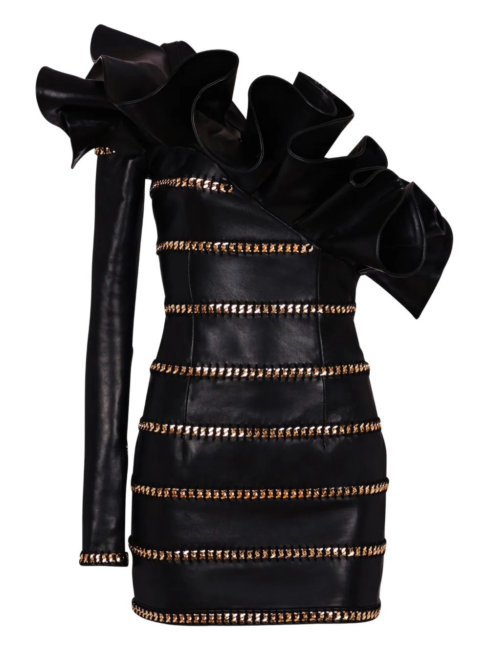 

Кожаное платье мини асимметричного кроя BALMAIN, черный