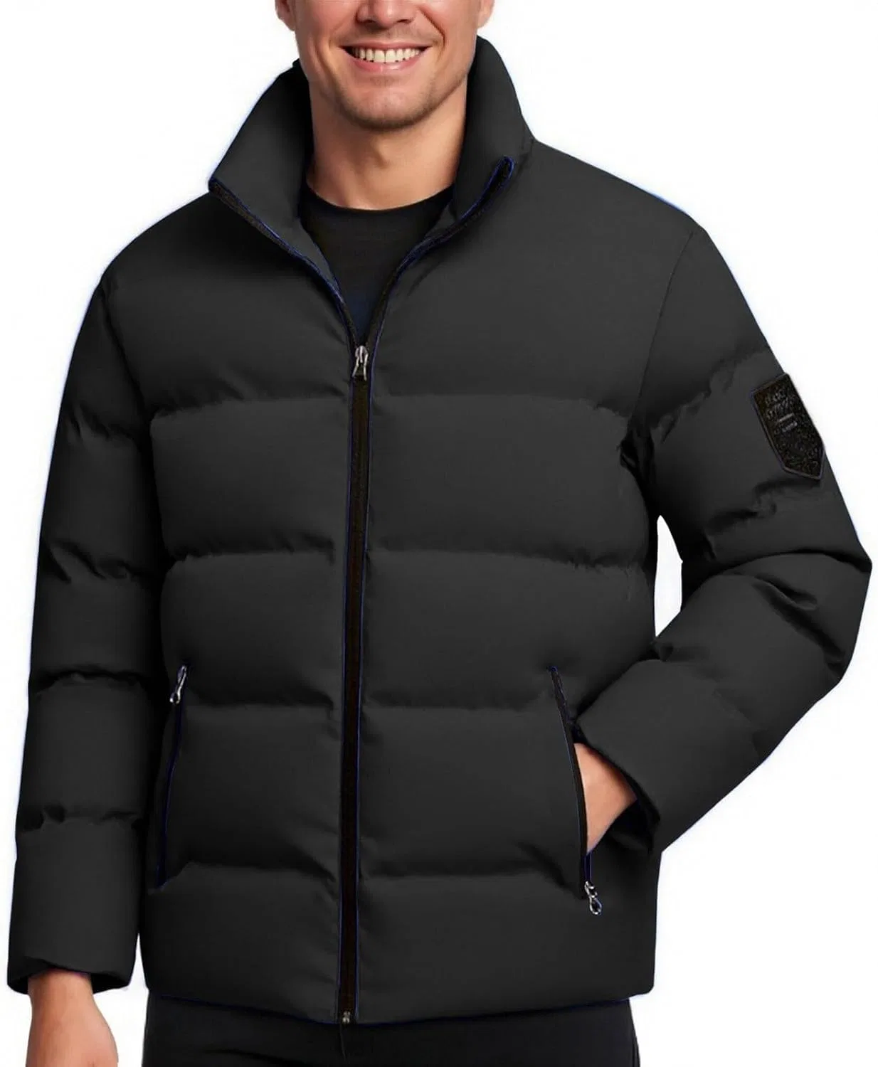 Зимняя пуховая куртка для мужчин на молнии, легкая, без капюшона, утепленная, ветрозащитная, теплая модная куртка Generic, черный — фото 2