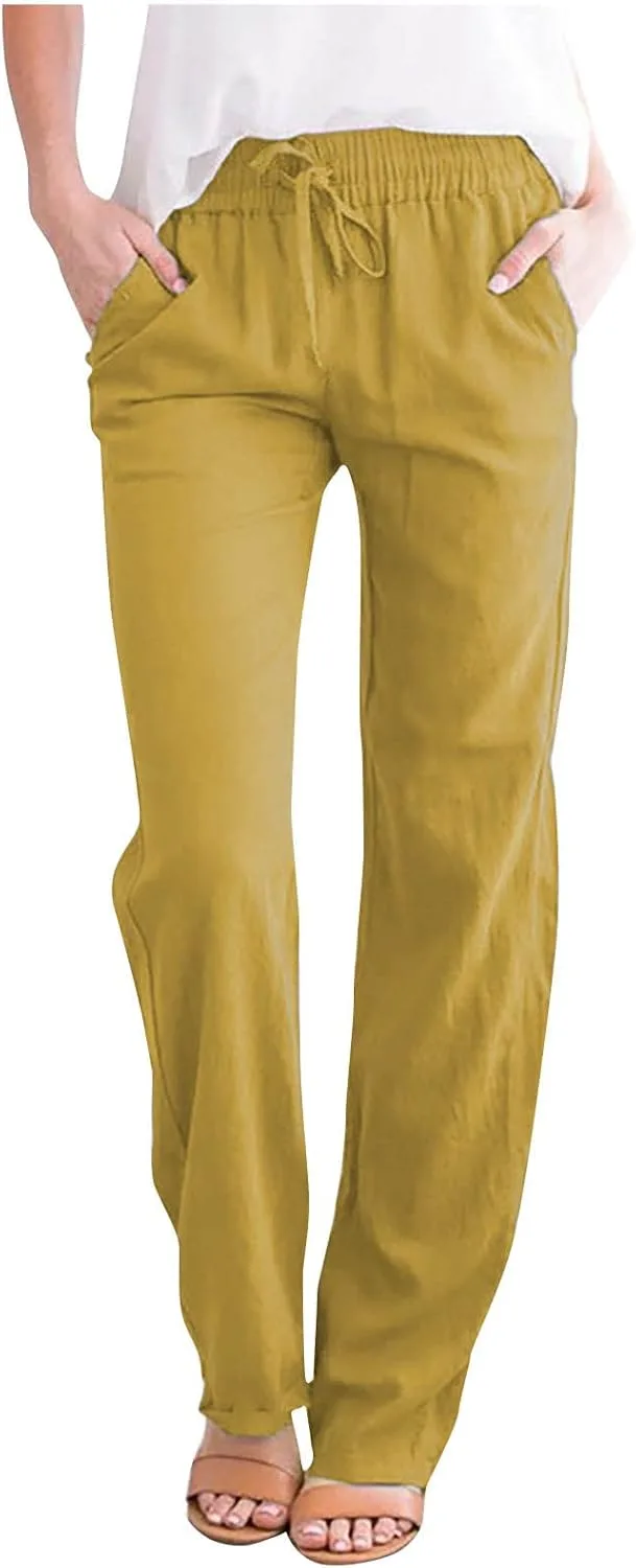 

Женские мешковатые льняные брюки Casual Straight Leg с эластичным поясом и шнурком