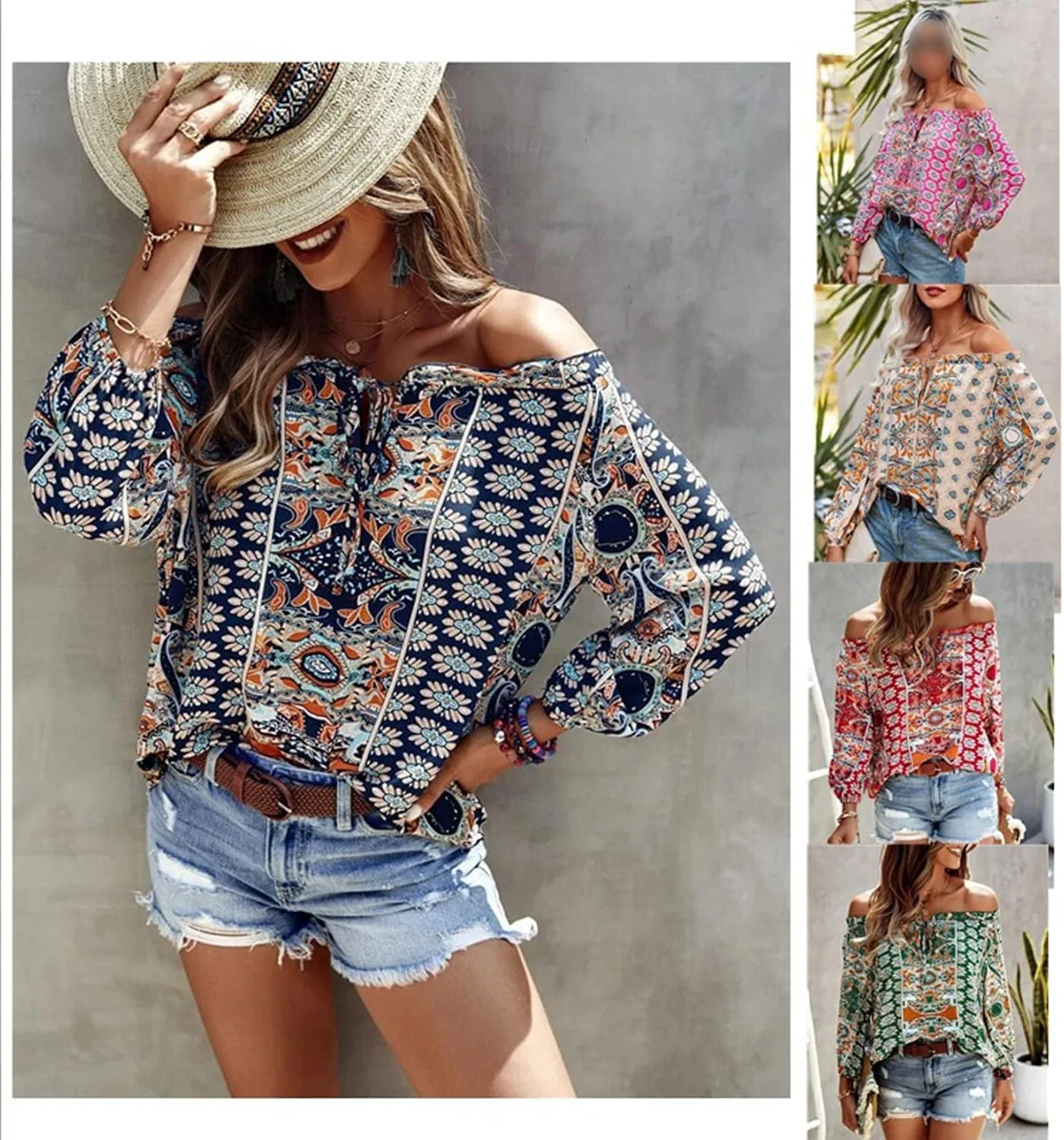 Блуза с цветочным принтом, off shoulder, QREXVOG, зеленый — фото 3
