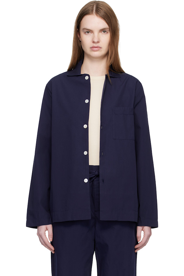 

Tekla Пижамная рубашка с длинными рукавами из темно-синего поплина