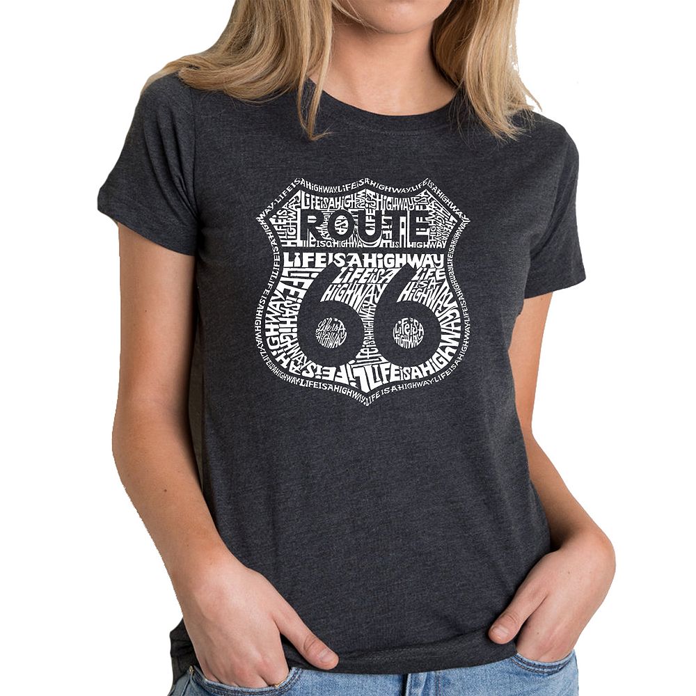 

Route 66 — Life is a Highway — женская футболка премиум-класса с рисунком Word Art LA Pop Art, черный