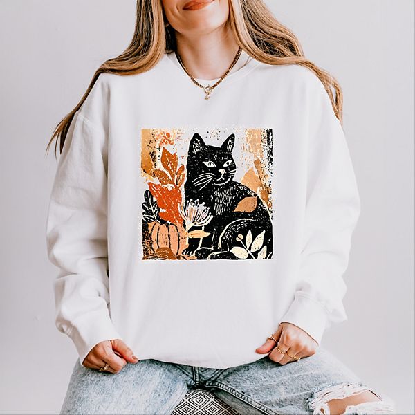 

Черный кот с осенними листьями дистресс - женский легкий свитшот garment dyed Simply Sage Market, White