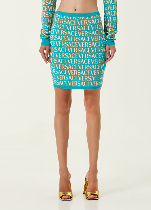 Жаккардовая мини-юбка с бирюзовым логотипом Versace — фото 2