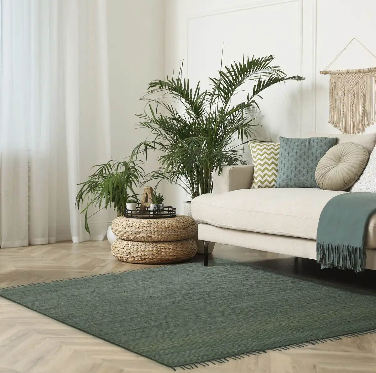 

Ковер мой дом "Кадис", прямоугольный, двусторонний ковер с бахромой, однотонный, соткан вручную, чистый хлопок My home 60х120 см, темно-зеленый