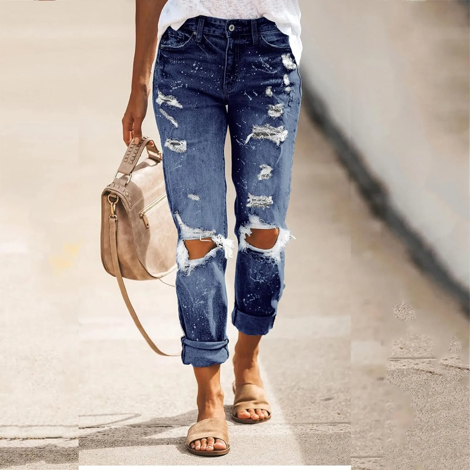 Женские рваные джинсы Mid Waisted Boyfriend Loose Fit Distressed Stretchy Denim Pant Vintage Y2k Streetwear с карманом — фото 3