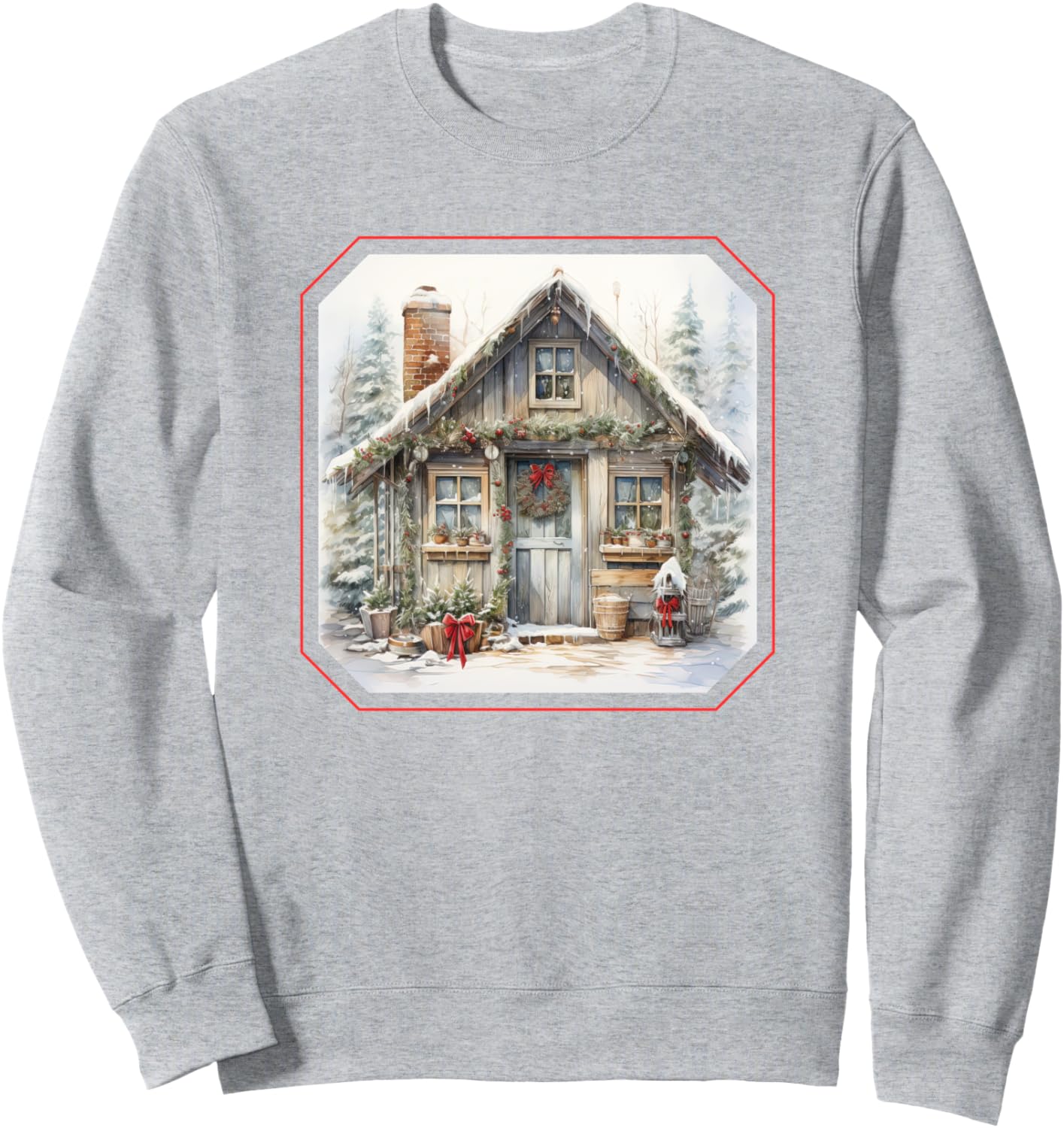 

Толстовка с рисунком в стиле кантри на тему Рождества и деревенского домика, выполненная в акварельной технике Country Christmas Holiday Cottage, серый