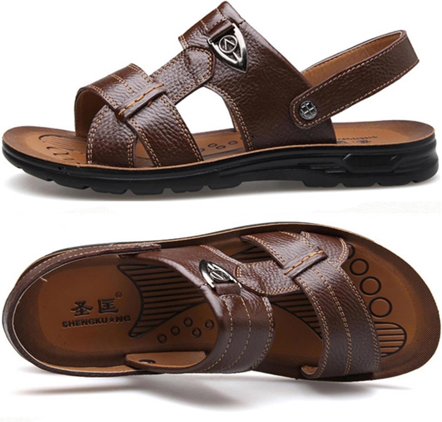 Men's Big Size Leather Flat Sandbeach Сандалии Casual Slipper Shoes PPXID, коричневый — фото 2