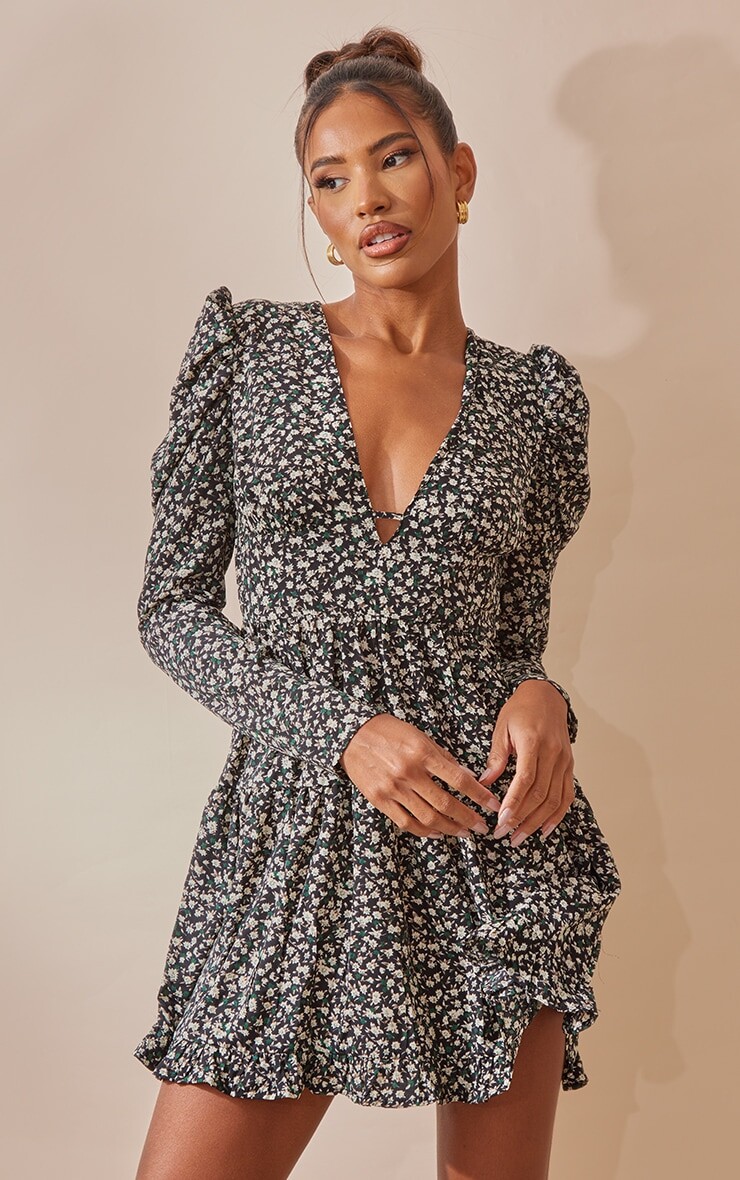 

PrettyLittleThing Черное чайное платье с пышными рукавами и оборками по подолу с цветочным принтом, Черный, PrettyLittleThing Черное чайное платье с пышными рукавами и оборками по подолу с цветочным принтом