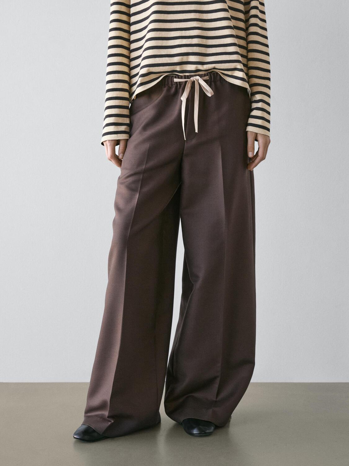 Брюки из смесовой шерсти с контрастным шнурком Massimo Dutti, brown — фото 3