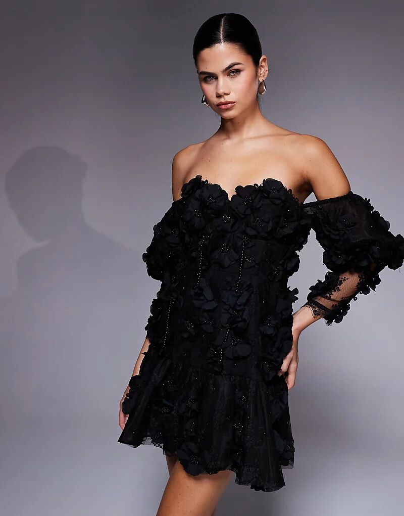 

Мини-платье ASOS LUXE с открытыми плечами, объемными рукавами и цветочным принтом, черное
