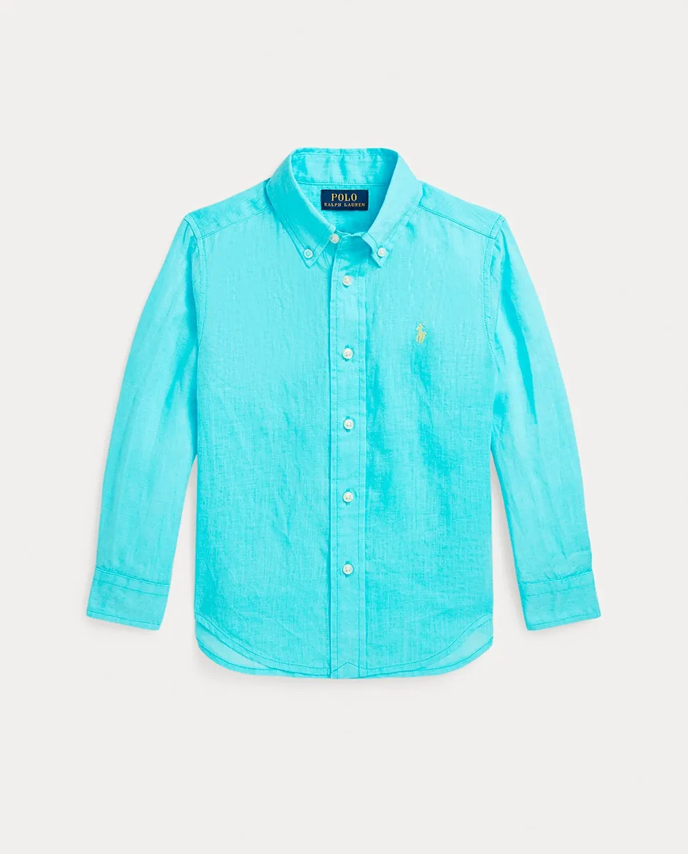 

Льняная рубашка для мальчиков с вышитым лошадкой Polo Ralph Lauren, голубой