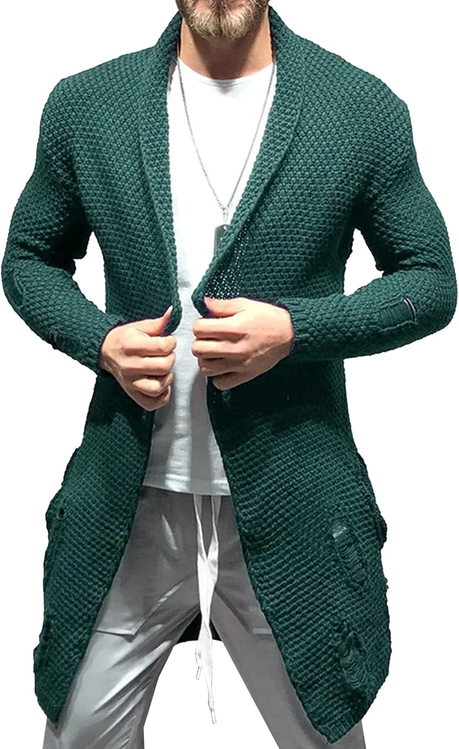 

Мужской длинный кардиган с воротником-шалью и рваным передом