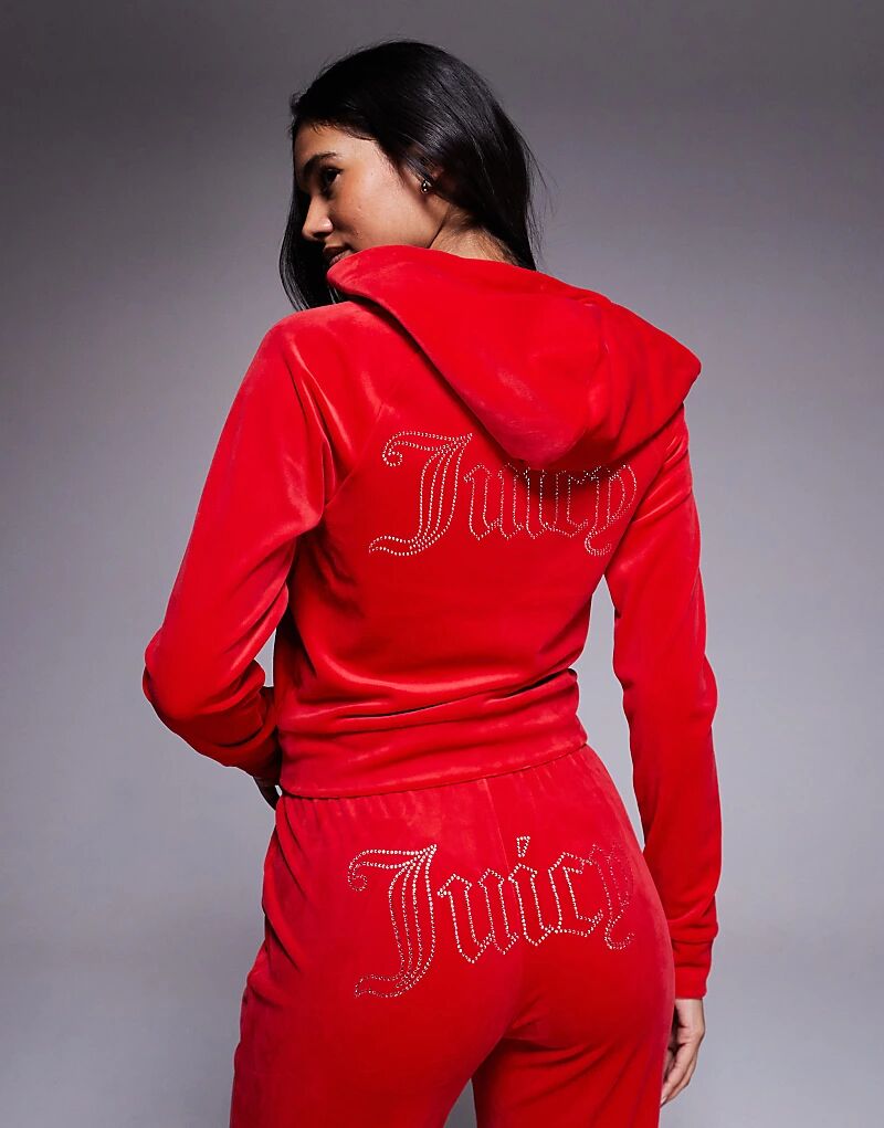 

Велюровая толстовка с капюшоном на молнии Juicy Couture Madison красного цвета
