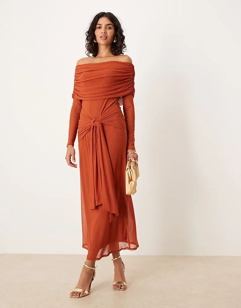 

Платье миди ASOS DESIGN с открытыми плечами, длинными рукавами и завязкой спереди цвета ржавчины