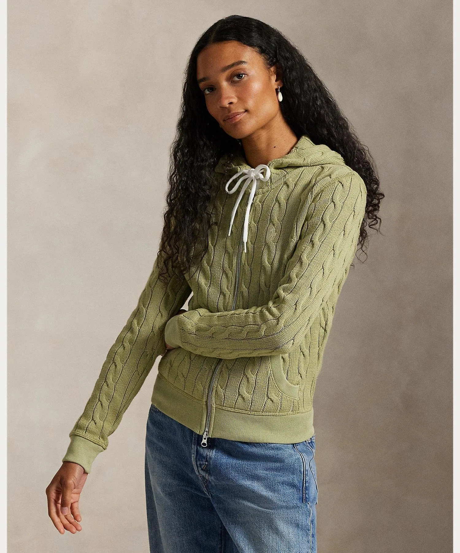 Хлопковая толстовка с капюшоном на молнии, связанная косами. Polo Ralph Lauren, 300 Green