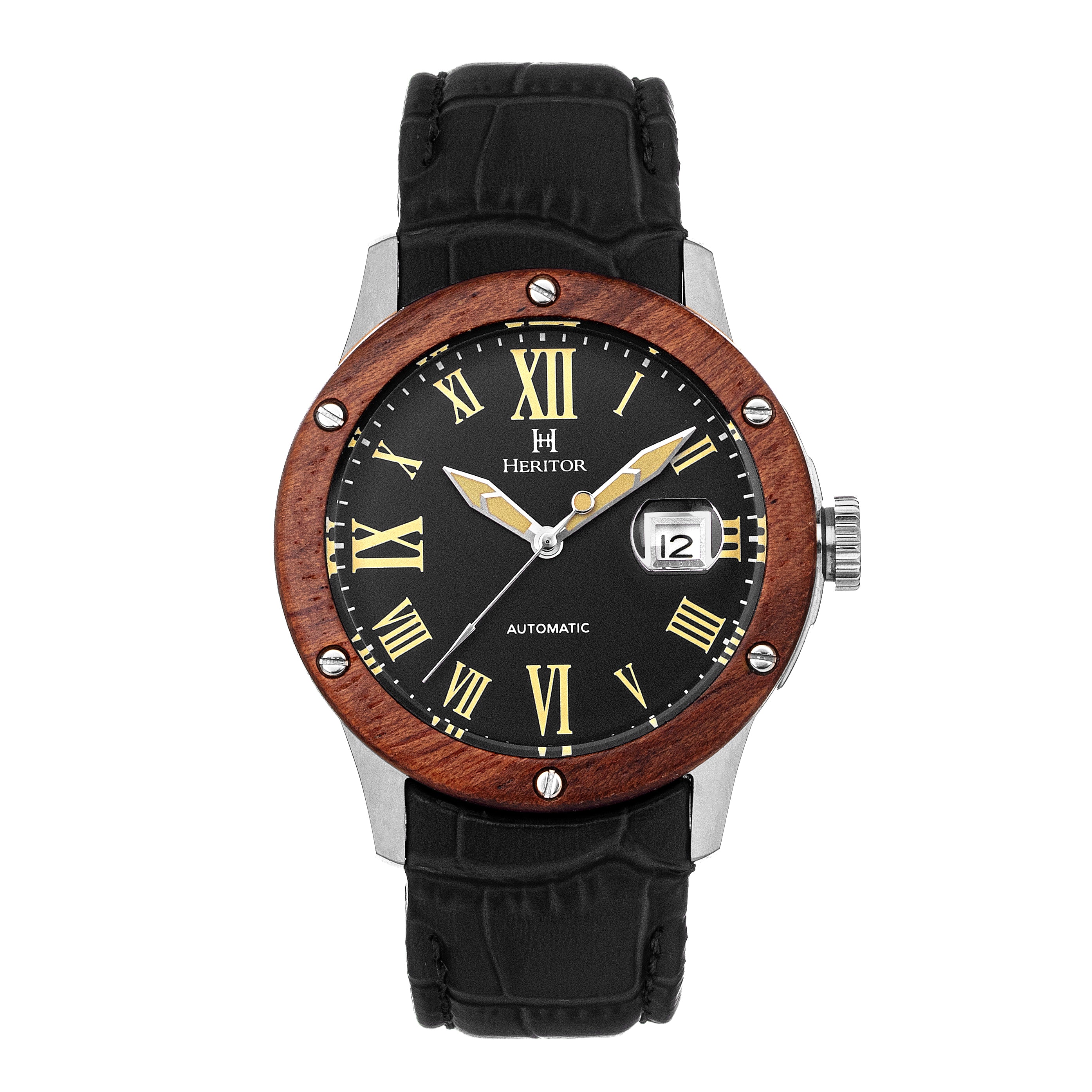 

Часы Everest с деревянным безелем, кожаным ремешком и датой Heritor Automatic, серебряный