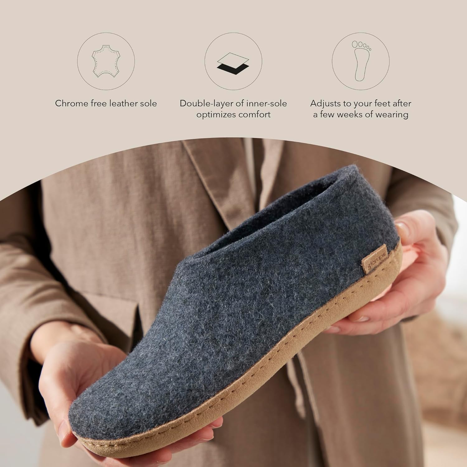 Тапочки Glerups из смеси шерсти 100 с кожаной подошвой - унисекс, Denim — фото 3