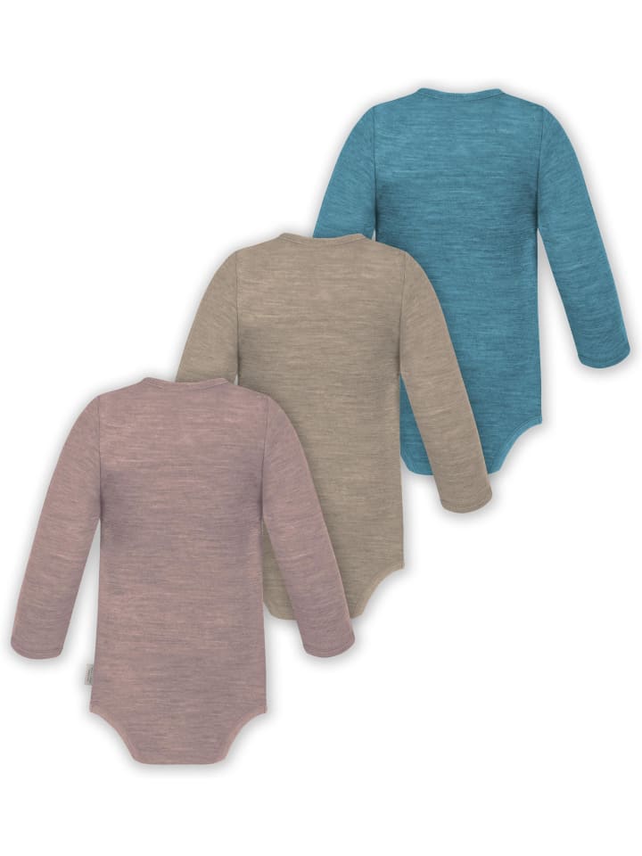 Normani Outdoor Sports Набор из 3 детских боди с длинными рукавами из мериносовой шерсти, синего, бежевого и розового цветов — фото 2