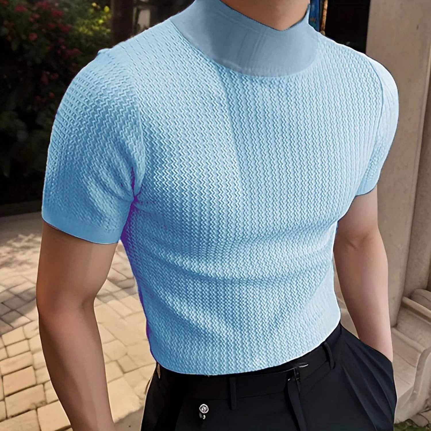 Футболка с воротником-стойкой, короткий рукав, спортивная, Ribbed Knit, синяя — фото 2