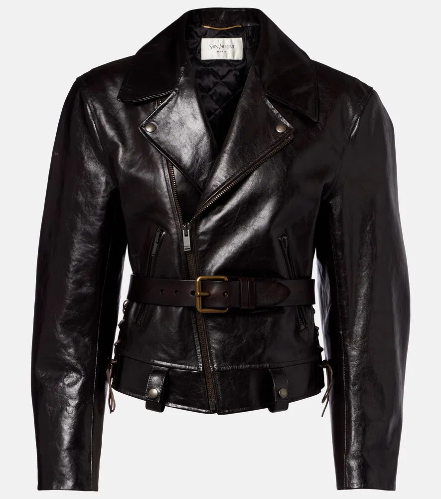 Кожаная байкерская куртка с поясом Saint Laurent, коричневый