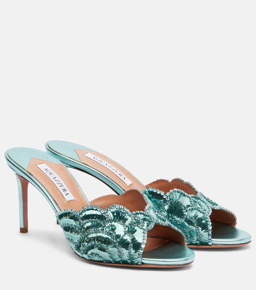 Вечерние блестящие мюли Ce Soir 75 из металлизированной кожи Aquazzura, Light Teal