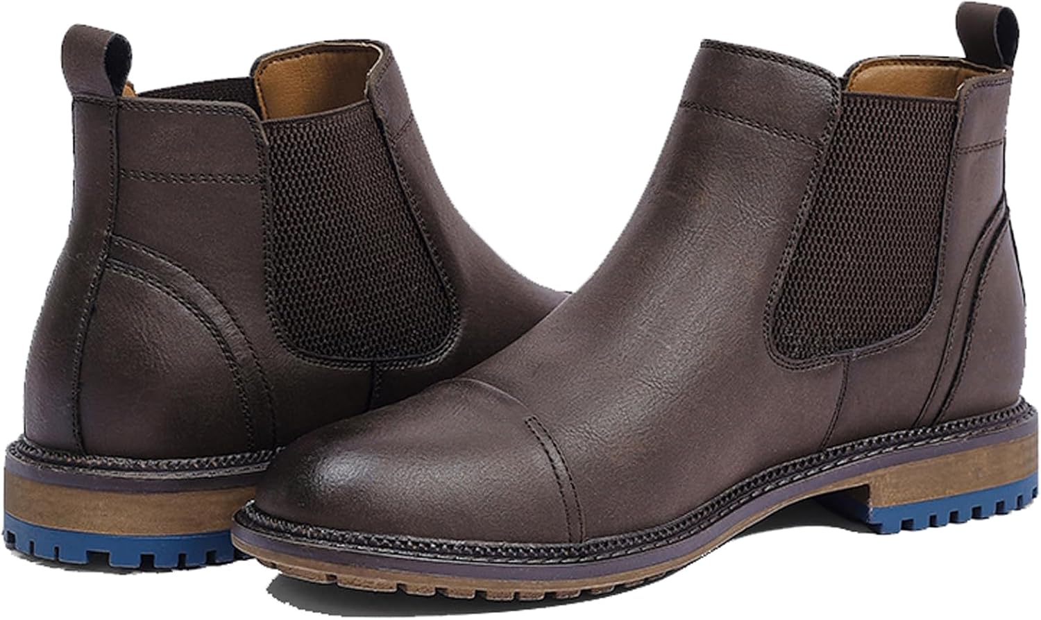 

Мужские кожаные ботинки Челси с низким каблуком, удобные с круглым носком, массивным каблуком, без шнуровки, повседневные челси до щиколотки с боковыми эластичными вставками, классические ботинки до щиколотки Tznbgge, коричневый