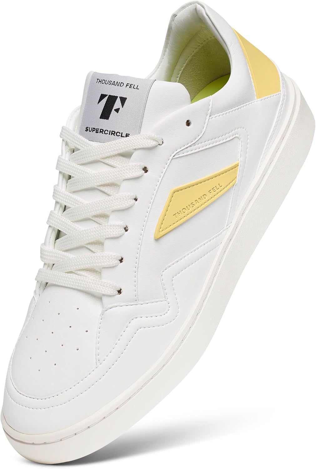 

Кроссовки Thousand Fell Men’s Court - экологичные веганские обувь из био-кожи, изготовленной из переработанных и пищевых отходов - водо- и пятностойкие, долговечные, пригодные для переработки повседневные кроссовки, белый/желтый