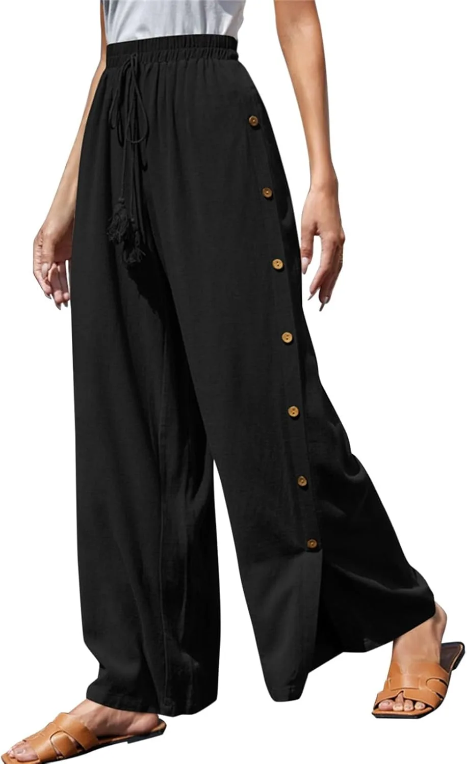 Брюки Side Button Wide Leg для женщин: повседневные, удобные, свободного кроя, на резинке, с высокой талией, палаццо Generic, черный
